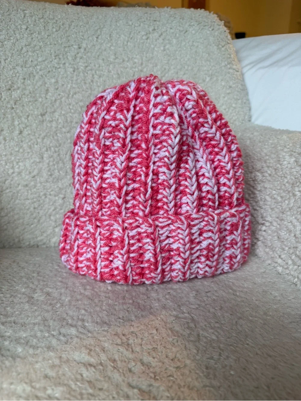 Pink and white chunky handmade knit beanie: cozy winter barbie